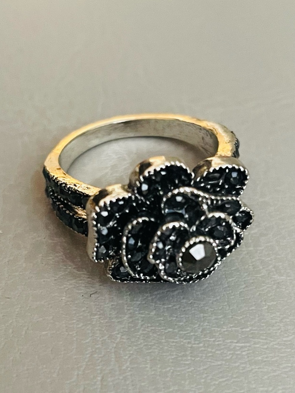 Black Floral Statement Ring with Dark Crystal Accents
